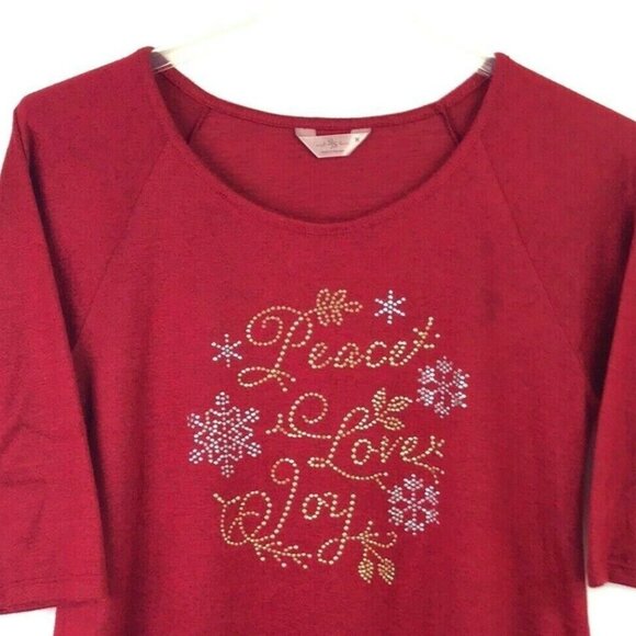 Christmas Novelty Knit Top SJS M Holiday Chic Peace Love Joy Red Bling Sparkle - Picture 4 of 10